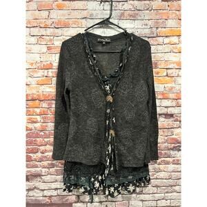 Pretty Angel Black Floral Lace Layered Cardigan Sweater Jacket Button Medium